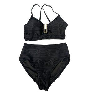Cupshe Medium Black Ribbed Bikini Set Bathing Suit High-Waisted NEW